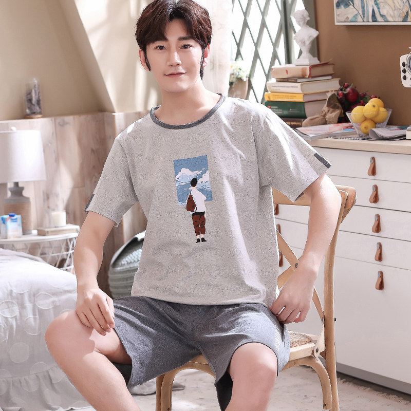 男款夏季纯棉短袖短裤青少年睡衣 迷彩鱼睡衣/家居服套装