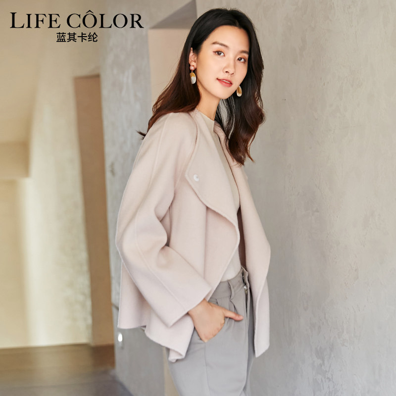 廓形斗篷外套短款小个子羊毛大衣 蓝其卡纶毛呢外套