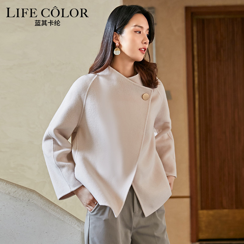 廓形斗篷外套短款小个子羊毛大衣 蓝其卡纶毛呢外套