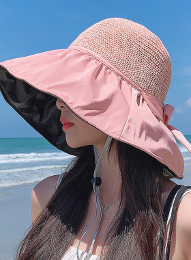 好质量工厂现货草顶拼接大沿遮阳帽女夏韩国UV防紫外线黑胶太阳帽