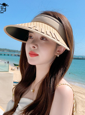 8463夏季户外防晒帽子女可折叠百搭遮阳空顶帽草编纹大檐太阳帽潮