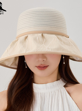 温柔风欧根纱遮阳帽女精致钻饰妈妈帽子夏季可折叠出游百搭渔夫帽