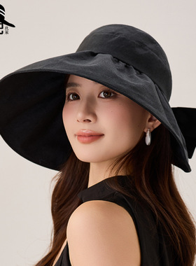 棉麻日系大沿空顶帽女夏季新款可折叠纯色太阳帽女韩国防晒遮阳帽