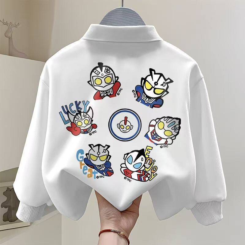 polo衫纯棉白色洋气中大童长袖t恤上衣儿童薄款卡通印花童装卫衣