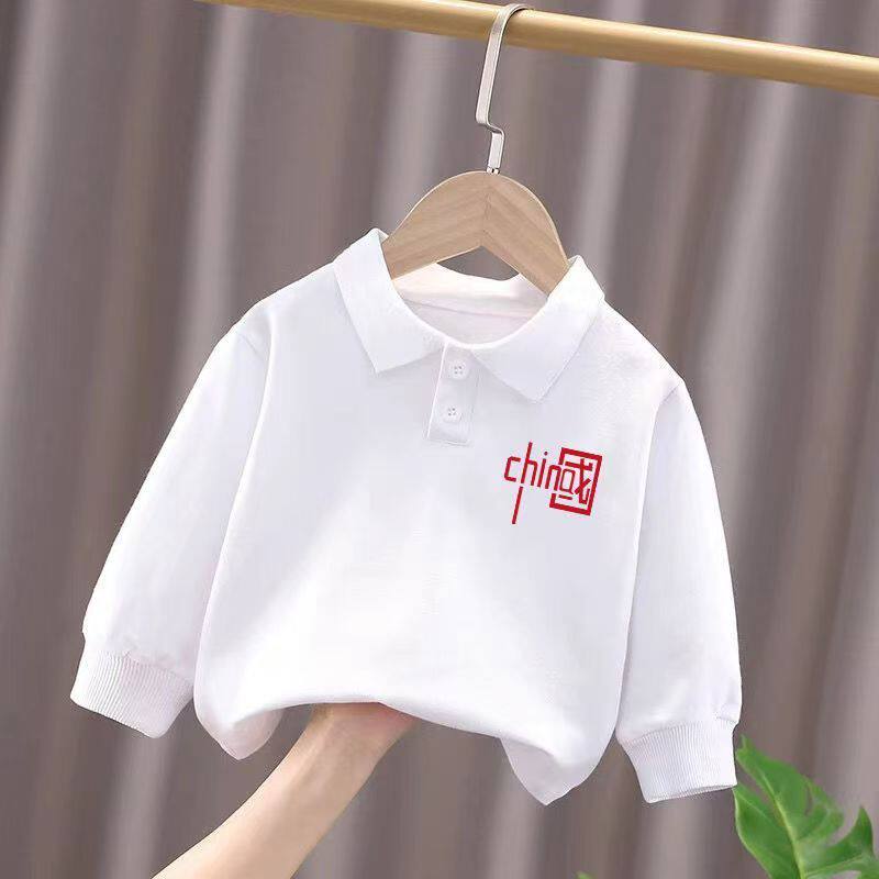 白色polo衫纯棉洋气中大童长袖上衣新款国风女童字母印花童装卫衣