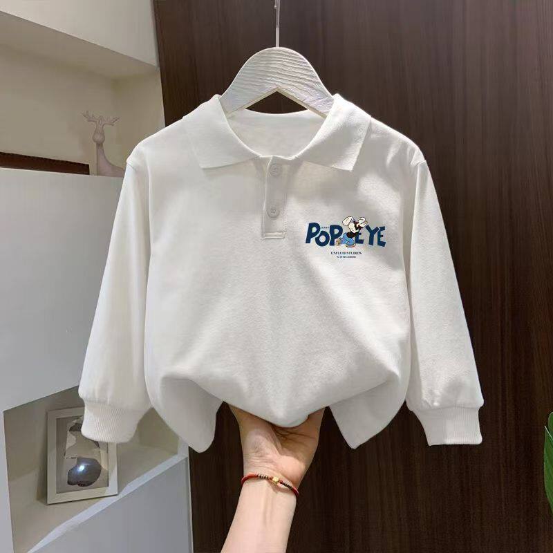 爆款polo衫纯棉白色洋气中大童长袖上衣儿童韩版卡通印花童装卫衣