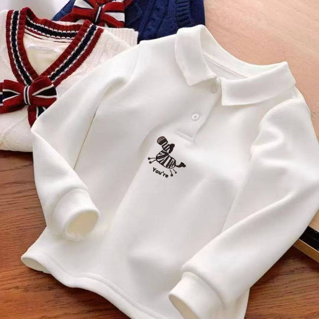 polo衫中大童纯棉洋气卡通印花长袖上衣儿童宽松翻领加绒童装卫衣