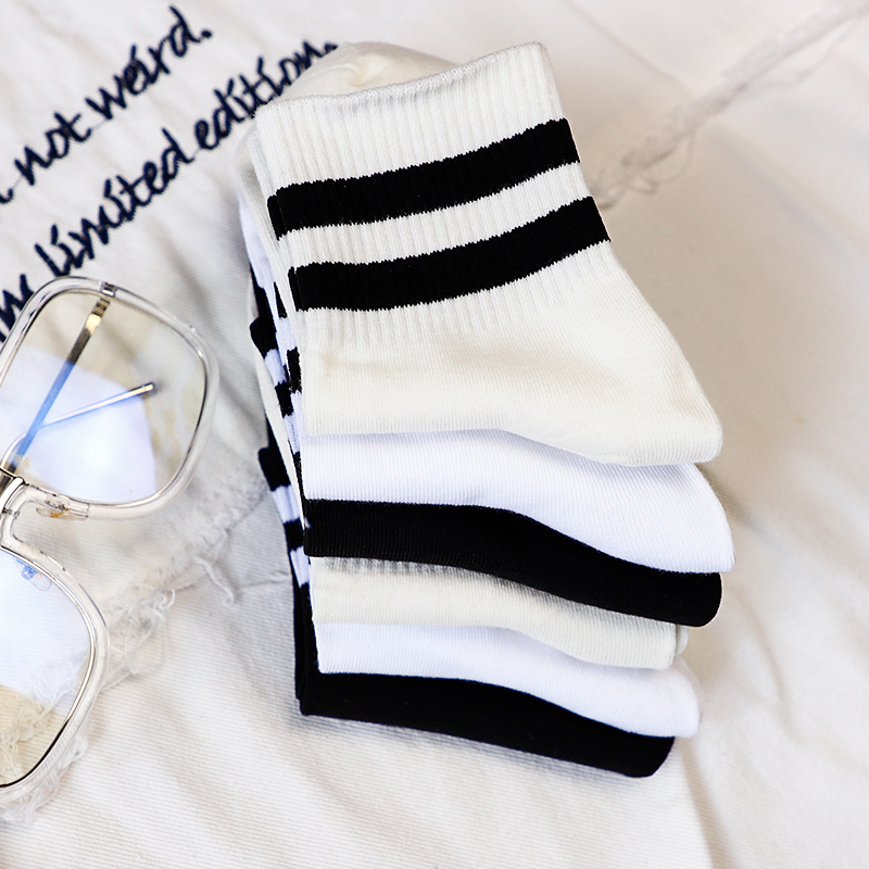 达达狼旗舰店袜子男两道杠中筒运动袜黑白色男士日系百搭纯色ins 春夏男士简约2