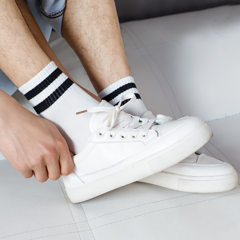 达达狼旗舰店袜子男两道杠中筒运动袜黑白色男士日系百搭纯色ins 春夏男士简约0