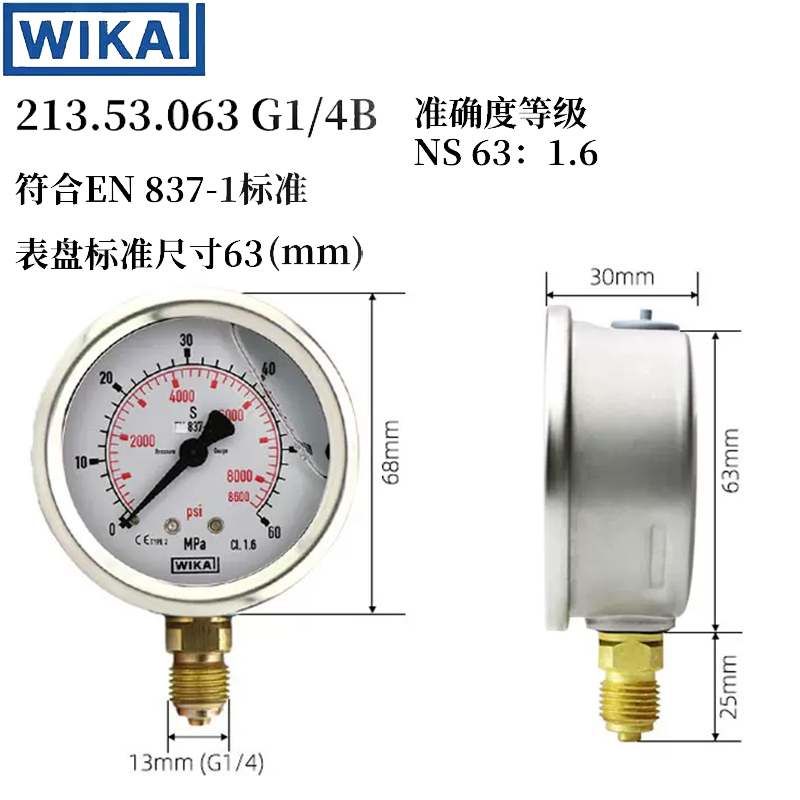 德国进口威卡WIKA压力表EN837-1耐震不锈钢测压液压表真空轴向表 - 图1