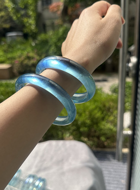 玻璃体！超强珠宝感天然海蓝宝石手镯蓝色水晶送女友老婆礼物