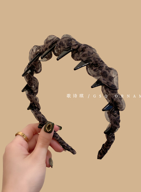 复古豹纹网纱褶皱倒梳发箍