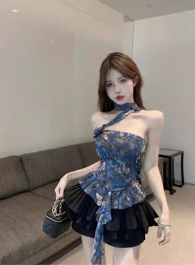 复古气质油画蝴蝶印花显瘦荷叶边立体花围脖上衣百搭女夏