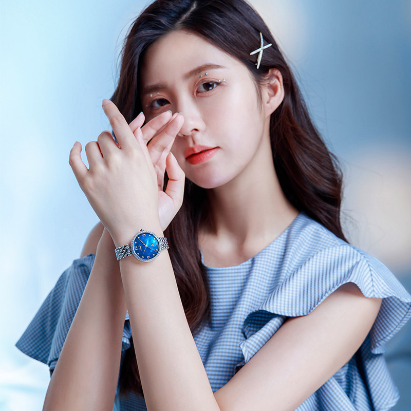 依波手表女蓝色贝母全自动机械表女款小众轻奢女士手表5671