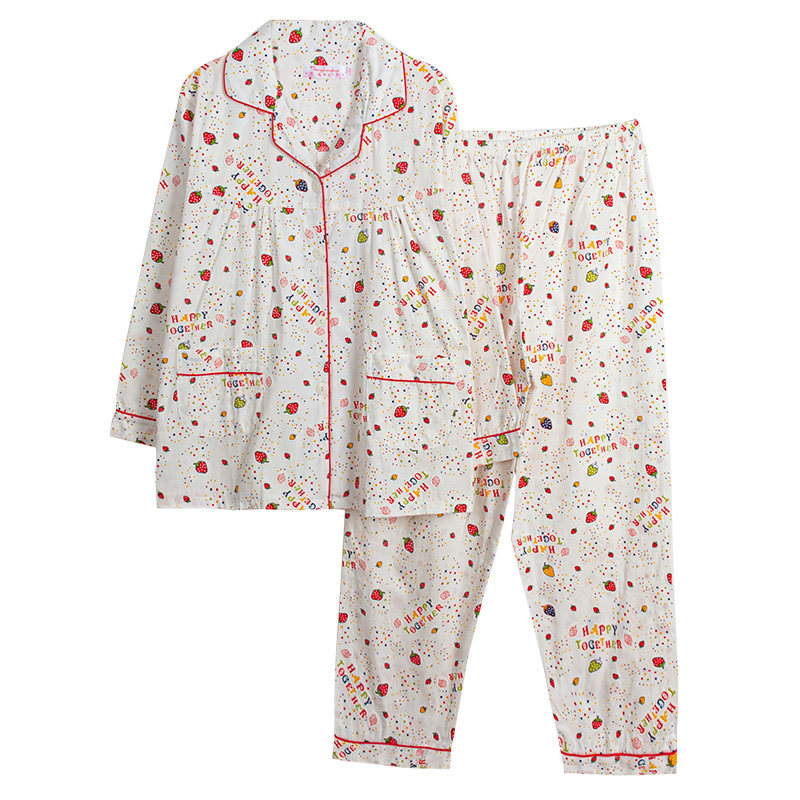 凤中花春秋翻领女士睡衣经典草莓立体印花长袖长裤梭织棉布纯棉款,淘宝优惠券,粉丝福利购,淘宝优惠卷