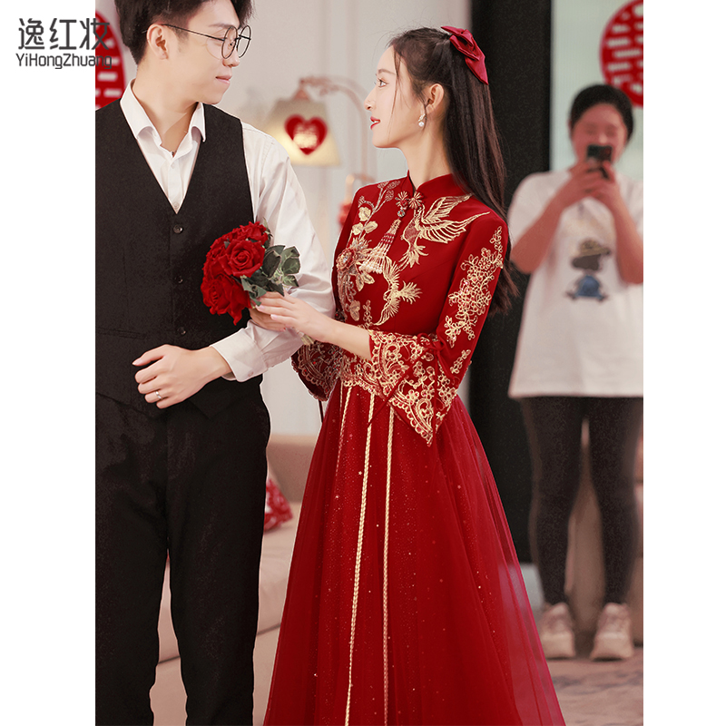 中式新娘敬酒服旗袍高级感2024新款结婚晚礼服夏季孕妇连衣裙订婚