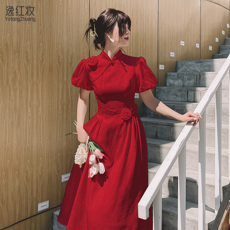 中式新娘酒红色高级感2022订婚礼服 逸红妆礼服/晚装