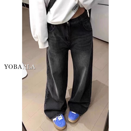 黑灰色直筒牛仔裤女春季新款大码胖mm宽松显瘦梨形身材高腰阔腿裤 - 图2