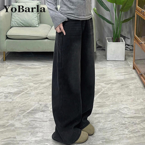 黑灰色阔腿牛仔裤女春季新款大码胖mm宽松显瘦梨形身材垂感直筒裤 - 图2