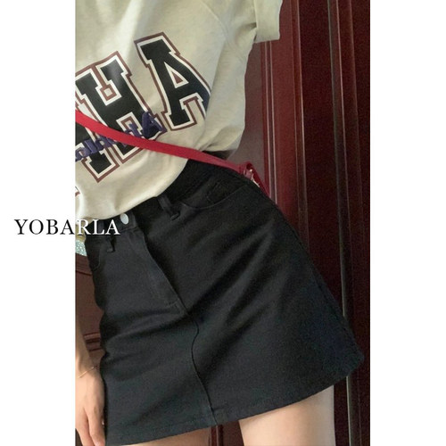 黑色牛仔半身裙夏季新款大码胖mm高腰显瘦a字梨形身材遮肚子短裙-图3