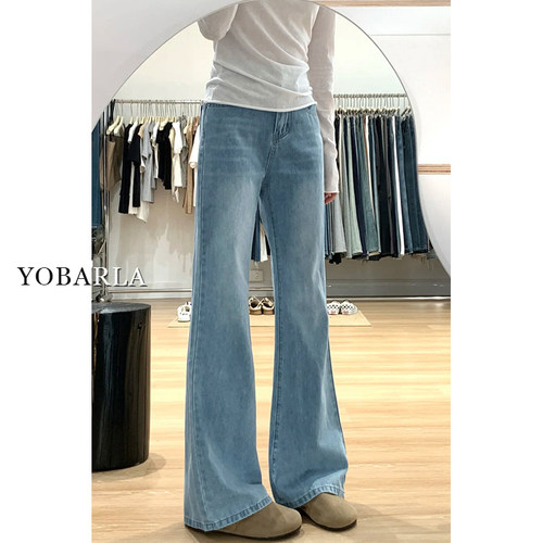 浅色弹力微喇牛仔裤女春季新款大码胖mm高腰显瘦梨形身材喇叭裤子 - 图2