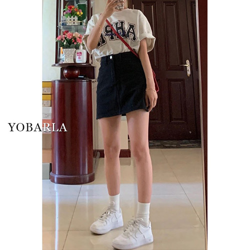 黑色牛仔半身裙夏季新款大码胖mm高腰显瘦a字梨形身材遮肚子短裙-图1