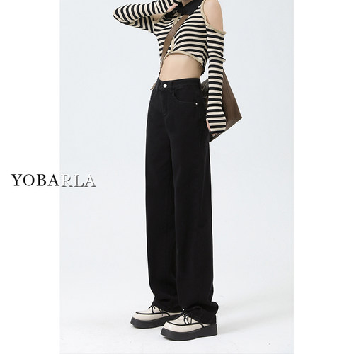 黑色天丝直筒冰丝牛仔裤女夏季薄款大码胖mm显瘦高腰窄版阔腿裤子 - 图1