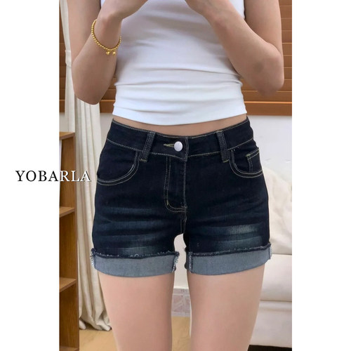 深蓝色牛仔短裤女夏季薄款大码胖mm显瘦梨形身材弹力高腰a字热裤 - 图1