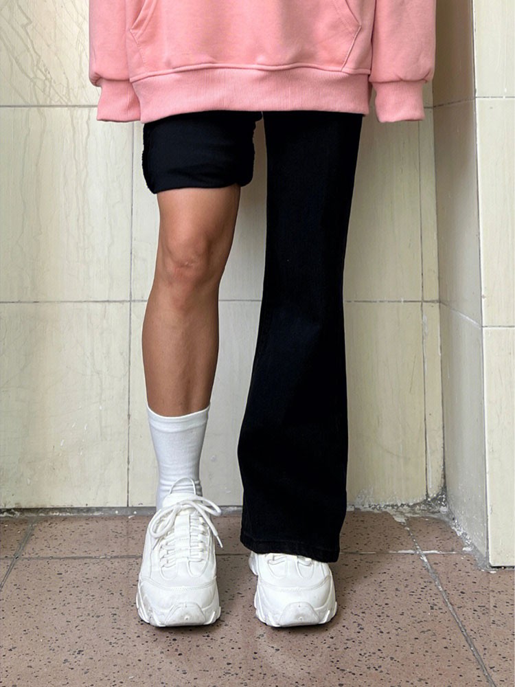 黑色微喇牛仔裤女秋冬加绒胖mm大码高腰显瘦梨形身材弹力马蹄裤子 - 图0