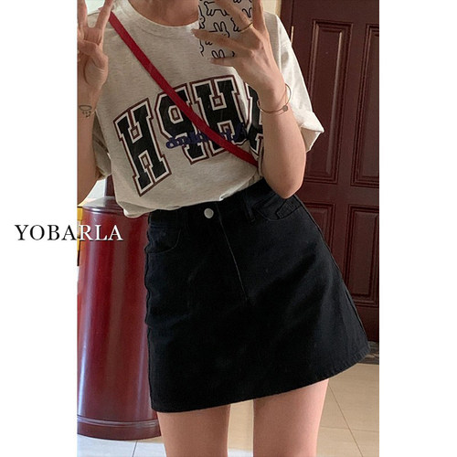 黑色牛仔半身裙夏季新款大码胖mm高腰显瘦a字梨形身材遮肚子短裙-图2