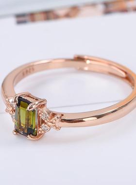 宇彩新品925银镶天然绿碧玺戒指长方形轻奢时尚简约可调活圈包邮