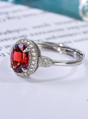 宇彩925银镶嵌天然石榴石戒指百搭时尚中国红全净满火彩活口包邮
