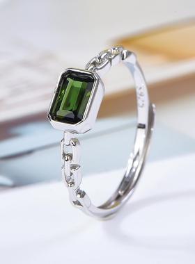 宇彩新品925银镶天然绿碧玺戒指长方形简约时尚可调节活圈包邮