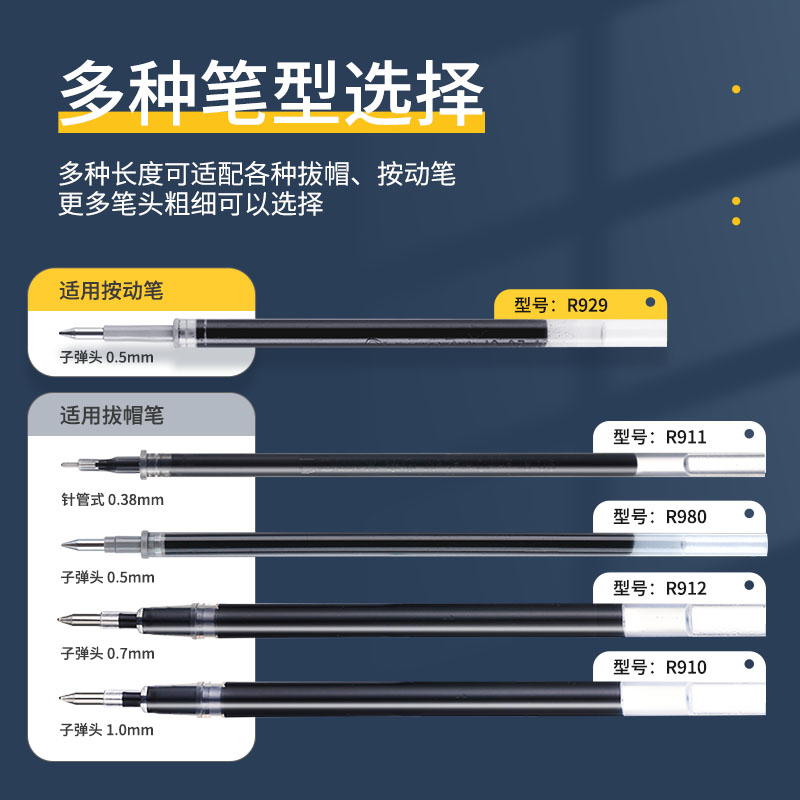 齐心中性笔笔芯0.5mm子弹头黑色笔芯学生用可替换按动笔芯签字笔芯水笔芯不断墨20支1盒通用办公用品批发-图0