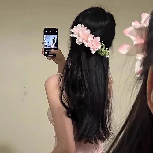 春夏粉色樱花花朵发梳氛围感盘发侧边丸子头簪花度假风2026新款 - 图0