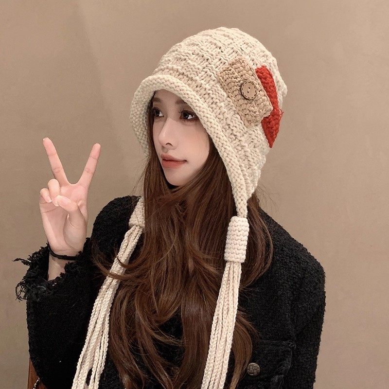 2025新款时尚贴布流苏红色毛线帽子女秋冬季保暖手工辫子针织帽潮,淘宝优惠券,粉丝福利购,淘宝优惠卷