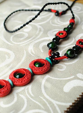 手工长款复古红色民族风毛衣链