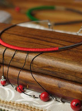 民族风红绳苗银流苏夸张锁骨链