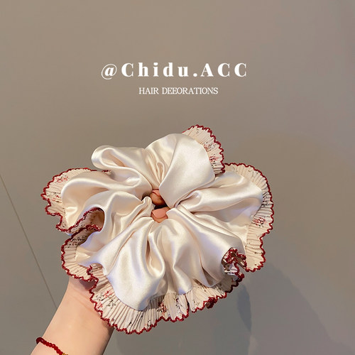 高级感缎面荷叶边加大号大肠发圈女韩系扎头发丸子头皮筋发绳头绳 - 图2