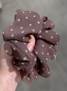 慵懒风复古棕底绿波点雪纺大肠发圈扎马尾丸子头温柔氛围感发饰
