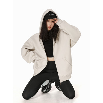 ICH MODE420G ສີເທົາ sweatshirt cardigan women's hooded coat solid color versatile casual American slim coat women