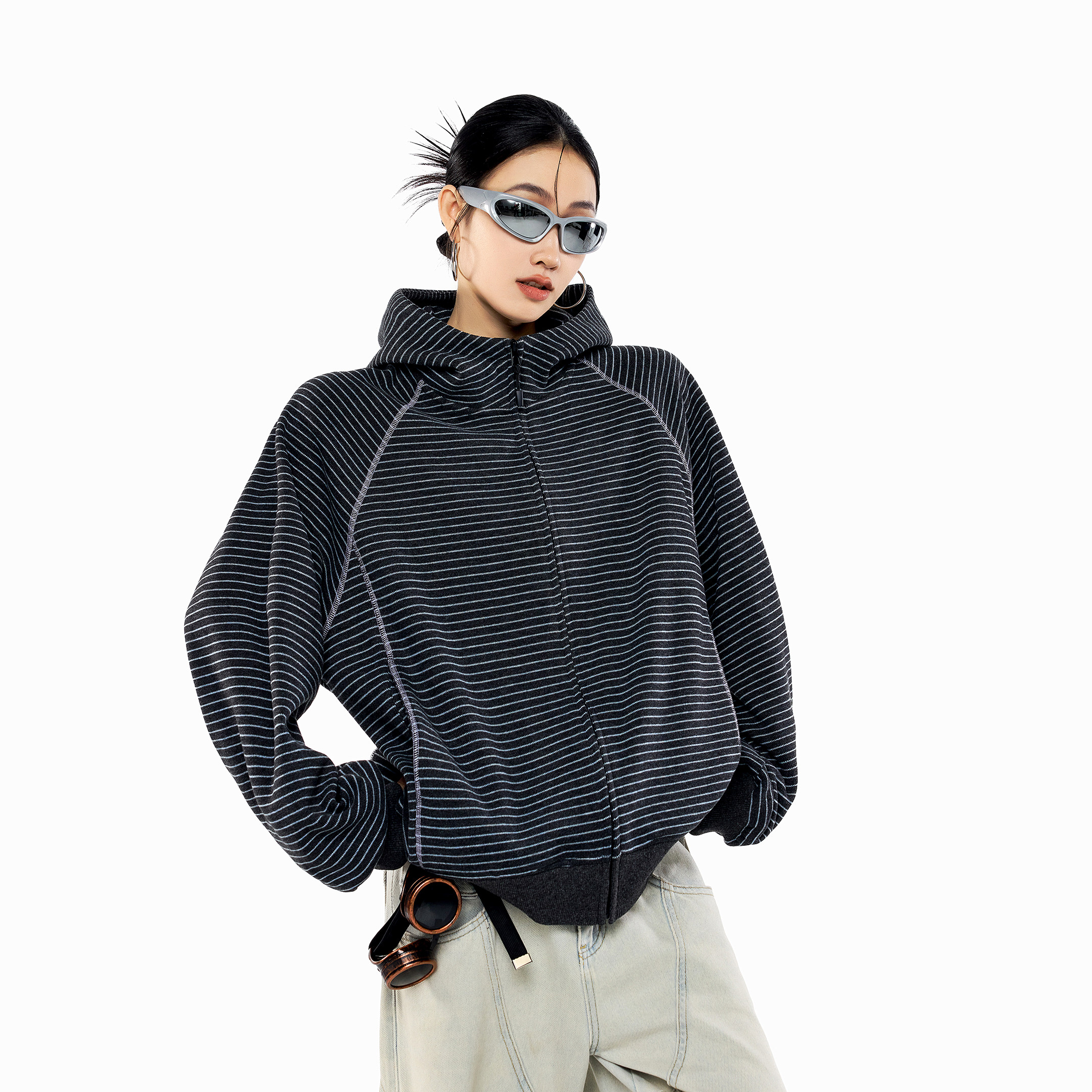 ICHMODE 美式条纹哈苏线连帽卫衣女2026春季新款运动外套开衫上衣 - 图0