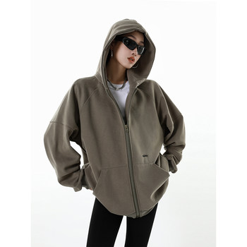 ICH MODE 400G heavy texture cardigan ສີແຂງບວກກັບ velvet jacket ສໍາລັບແມ່ຍິງລະດູໃບໄມ້ປົ່ງແລະດູໃບໄມ້ລົ່ນ American street hooded sweatshirt