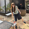 Dark blue drawstring denim midi pants women's loose slimming shorts