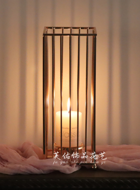北欧风复古罗马柱木质蜡烛台风灯