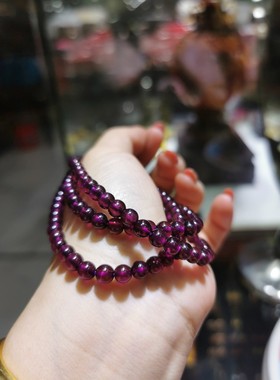 包邮/天然紫牙乌石榴石三圈手链/女士手串原石紫色/佳飞龙玛瑙