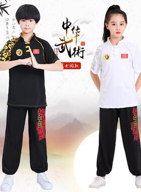送扇子武术服装练功服装训练牛奶比赛服丝专用T恤太极服儿童武术