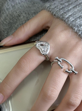 日韩潮流时尚叠戴戒指女蝴蝶结爱心形可调节几何感轻奢食指环包邮