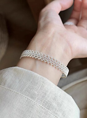 蕾丝花丝镂空银色超美手镯女镀纯银轻奢感手环手饰夸张手链款包邮