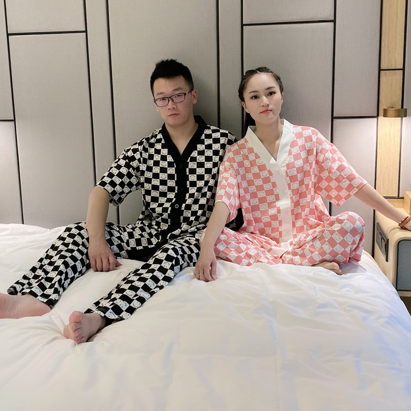 情侣夏天半袖格子长款200斤男睡衣 贝慕雪睡衣/家居服套装